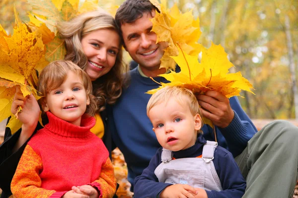 Familia con hojas de arce amarillo en madera en otoño —  Fotos de Stock