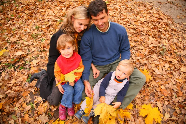 Familie met gele maple verlaat in hout in de herfst — Stockfoto