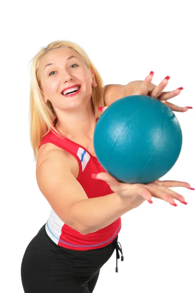 Sport blond makes exercise with bal — Stock Photo, Image