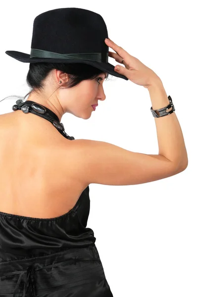 Brunette in zwarte hoed — Stockfoto