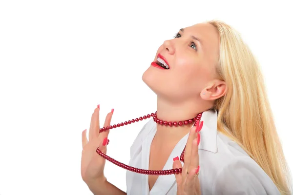 Beautiful blonde in red bead — Stock Photo, Image