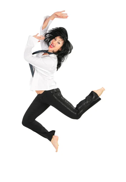 Jumping barefoot brunette — Stock Photo, Image