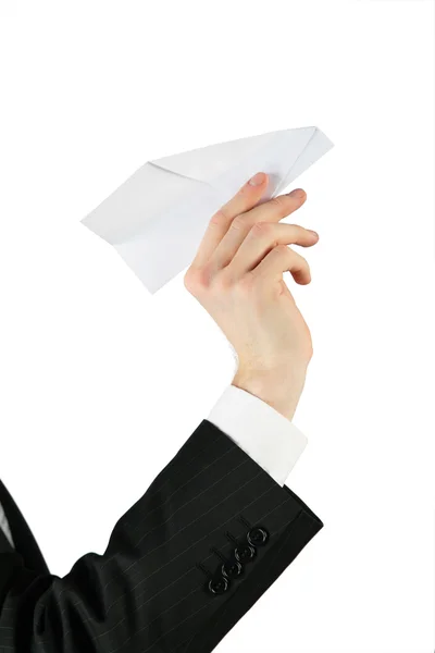 Ręka z papierowy samolot — Zdjęcie stockowe