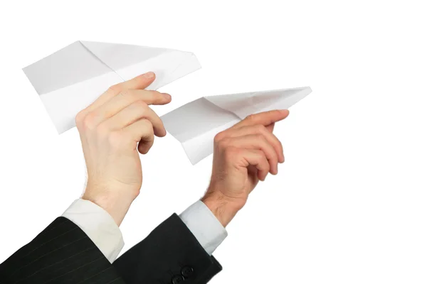 Duas mãos com avião de papel — Fotografia de Stock
