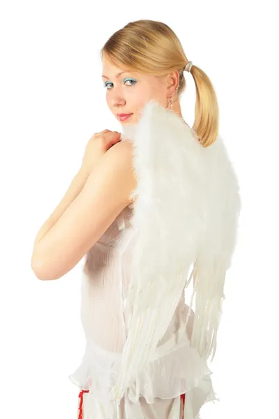 Vände tillbaka flicka i ängelns kostym — Stockfoto