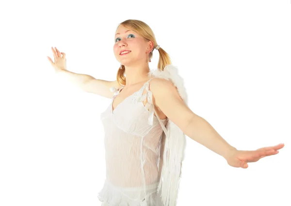 Girl in angel's costume looks up — Stock Photo, Image
