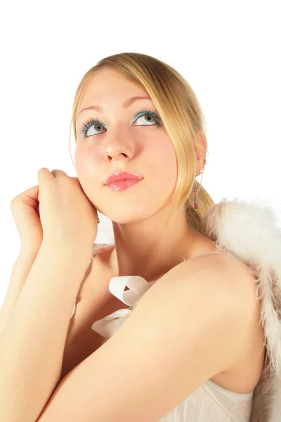 Portret van blond meisje in engelenkostuum — Stockfoto