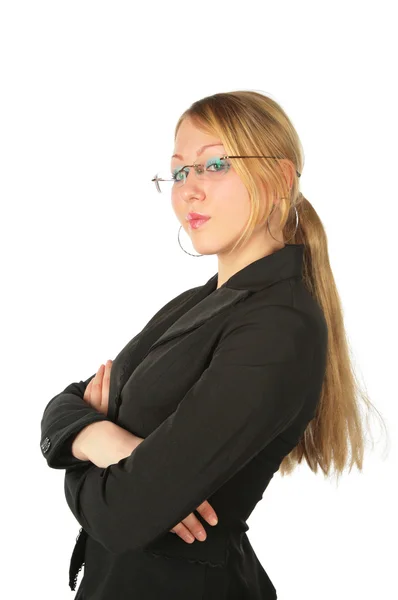 Young girl in suit in glasses with crossed hands — Stock Photo, Image