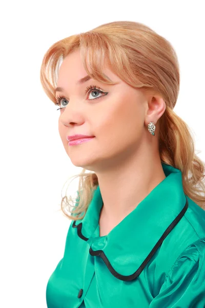 Jonge blonde in groene jurk — Stockfoto