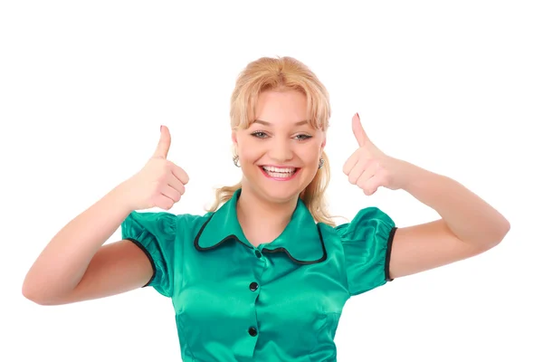 Young blonde makes gesture ok — Stock Photo, Image