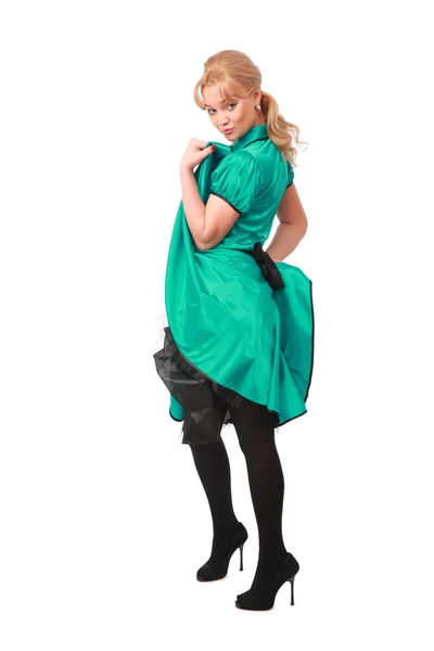 Σέξι ξανθιά με το πράσινο φόρεμα — Φωτογραφία Αρχείου