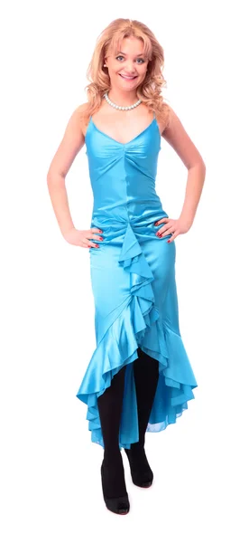 Blondin i blå klänning — Stockfoto