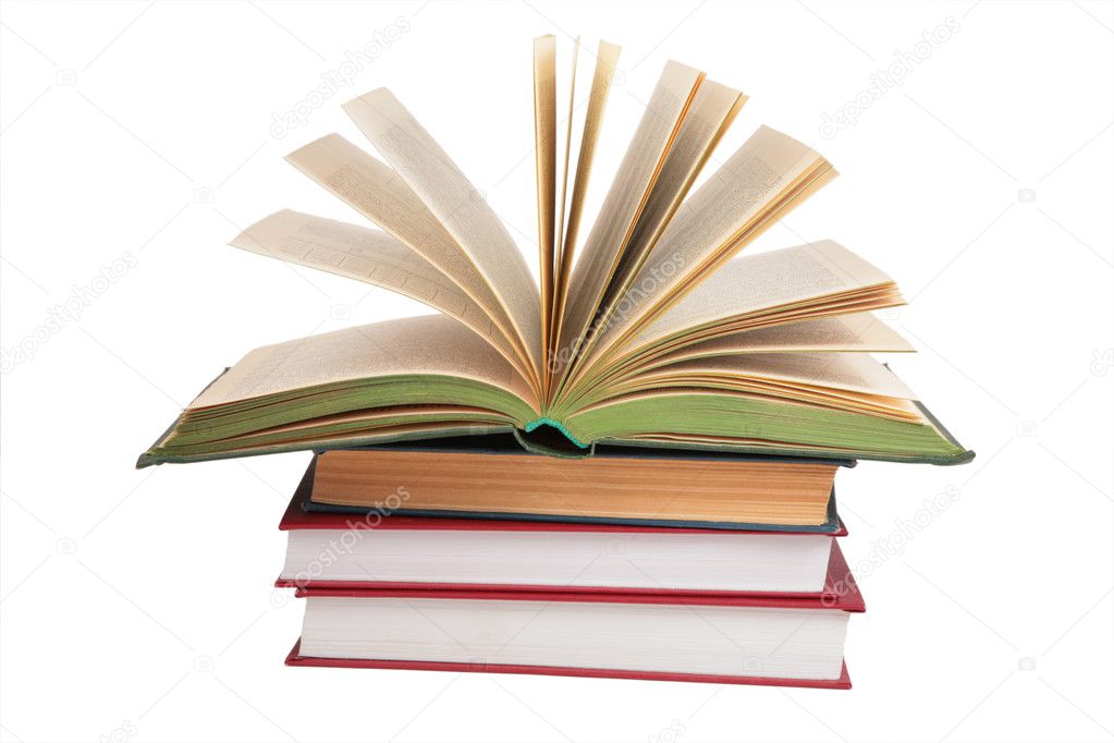 Stack of books with opened book