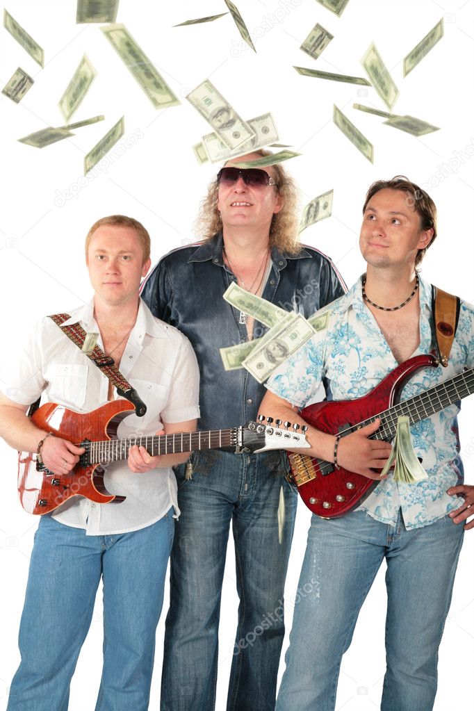 Three men with two guitars and falling dollars