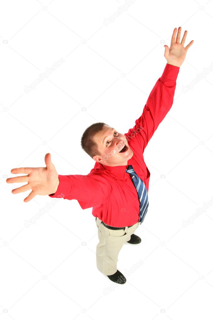 Businessman in red shirt with rised hands, top view
