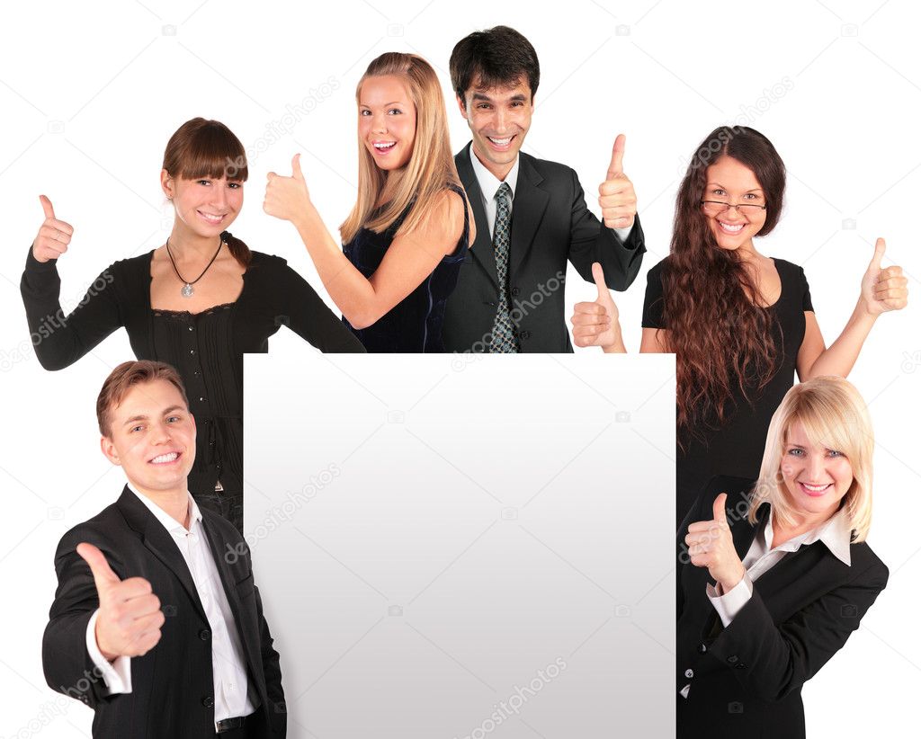 Business group with ok gesture and paper for text