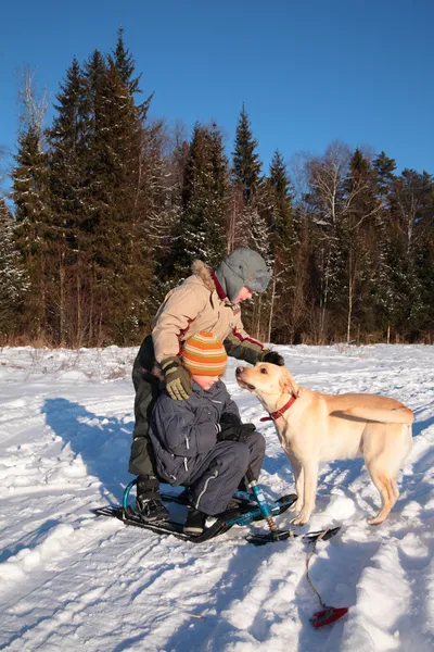 Kar scooter ve köpek ile iki erkek — Stok fotoğraf