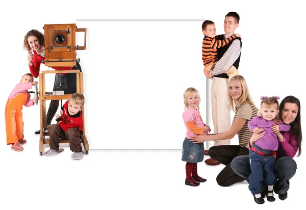 Family with old camera and wall for text collage — Stock Photo, Image
