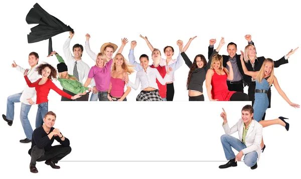 Happy crowd with board for text, collage — Stock Photo, Image