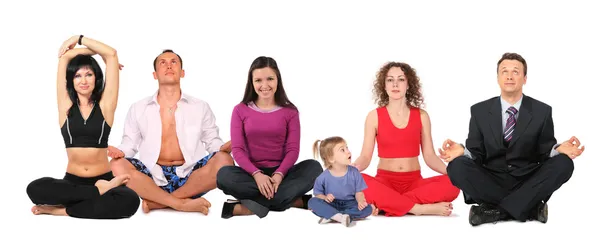 Yoga group with child, collage — Stock Photo, Image