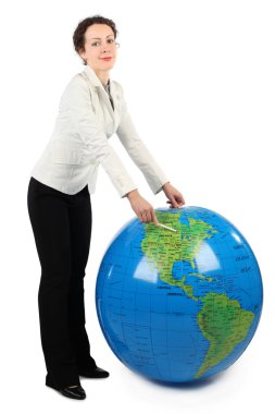 Young woman in white jacket standing and pointing at North Ameri clipart