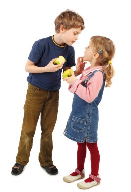 Little boy standing and looking into girl's mouth, children hold clipart