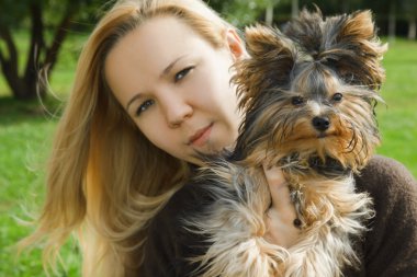 güneşli bir yaz günü holding yorkshire terrier genç kız