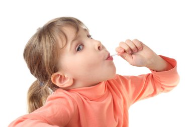 Girl in red shirt eating lollipop, half body, looking at camera, clipart