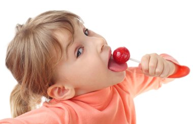 Girl eating red lollipop, half body, looking at camera, isolated clipart