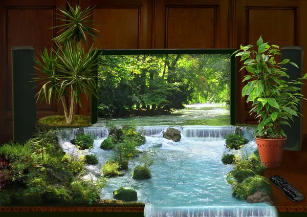 Tv interior and waterfall collage — Stock Photo, Image