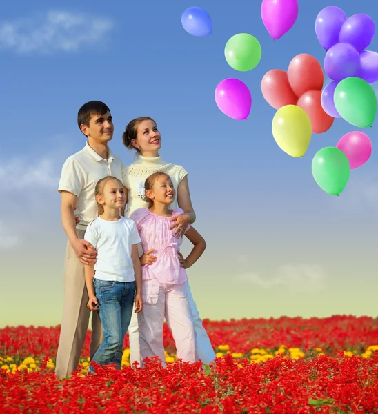 Family of four in red field and balloons collage — Stock Photo, Image