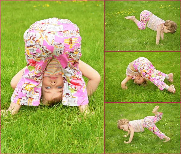 Many pictures of girl in on grass, collage — Stock Photo, Image