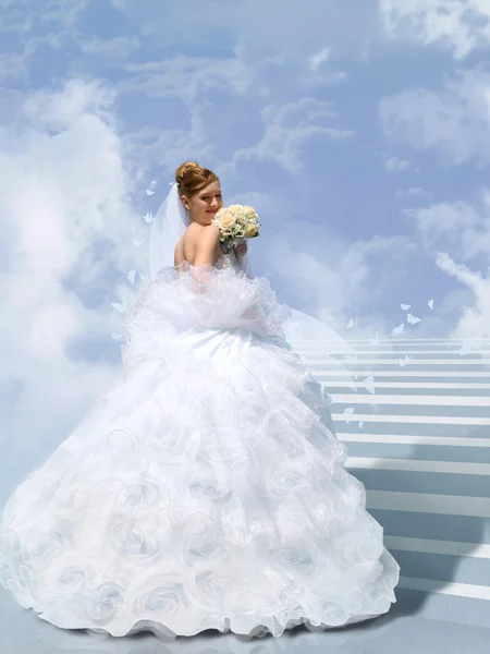 Nevěsta na schod na cloud koláž — Stock fotografie