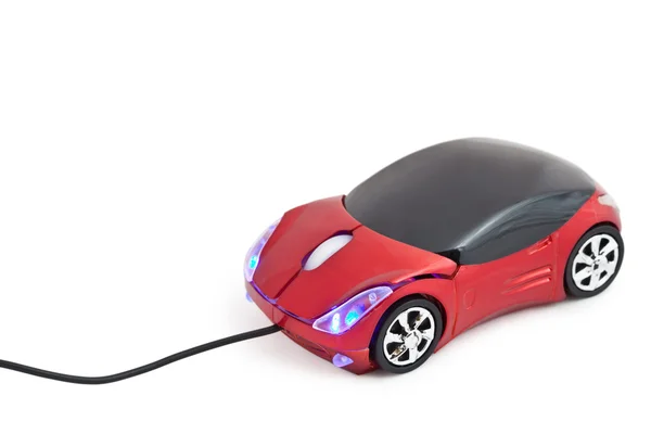 Computer mouse in form toy red sports car with glow headlights i — Stock Photo, Image