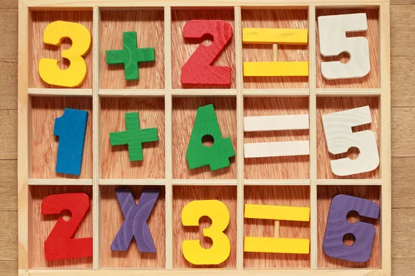Game for junior age with colored wooden numbers arithmetic opera — Stock Photo, Image