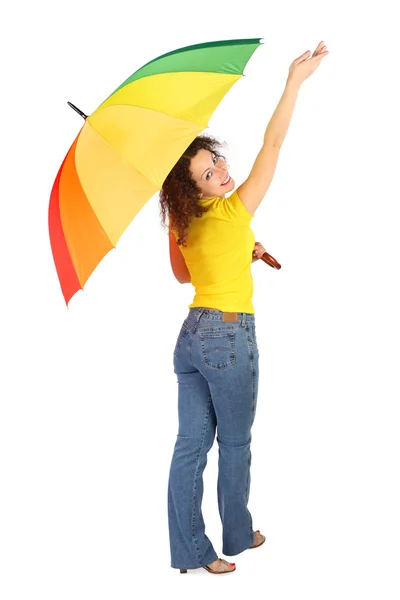 Young beauty woman in yellow shirt with multicolored umbrella st — Stock Photo, Image