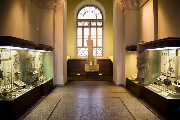 Museum exhibits of ancient relics in glass cases, big window in — Stock Photo, Image