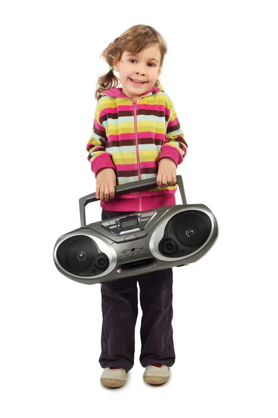 Κοριτσάκι που κρατάει μαγνητόφωνο και χαμογελαστό, γεμάτο σώμα, μόνωσ — Φωτογραφία Αρχείου