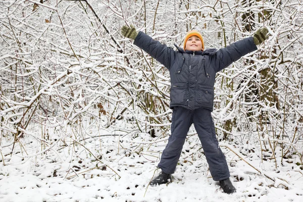 Boy lifted hands upwards in wood in winter — Stock Photo, Image