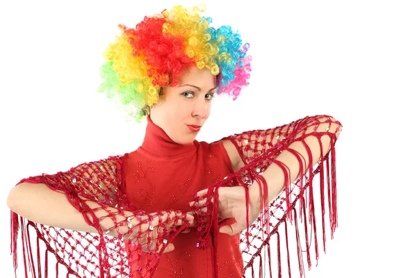 Portrait of young attractive woman in clown wig and red shawl, h — Stock Photo, Image