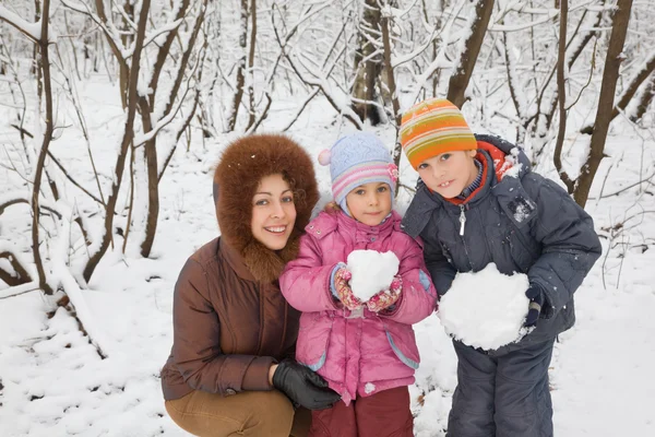 Young woman with boy and little girl in winter in wood, children — Stock Photo, Image