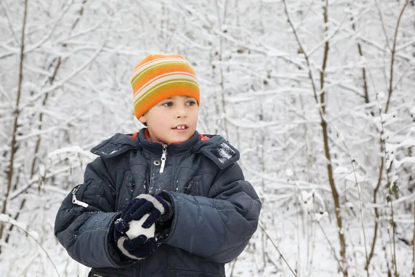 Garçon garde dans les mains boule de neige dans le bois en hiver, regardant de côté — Photo