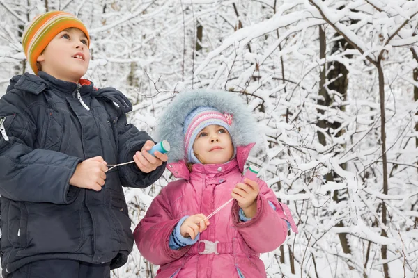 Cheerful boy and little girl with petard in hands in winter in w — Stock Photo, Image