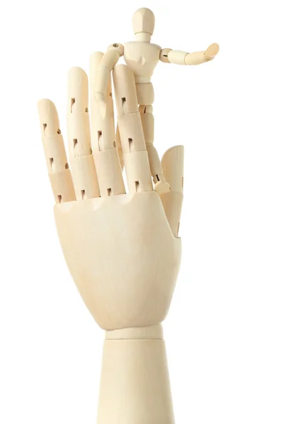 Figura in legno di ometto in piedi sulla mano grande e che indica — Foto Stock