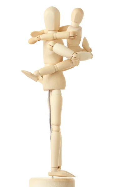 Wooden figures of child embracing his parent by shoulders, full — Stock Photo, Image
