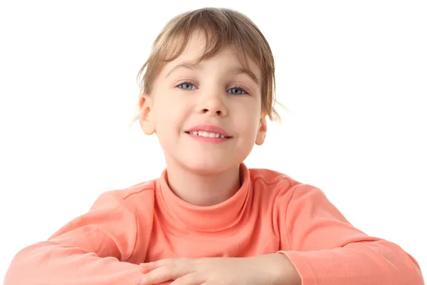 Porträtt av söta leende liten flicka i tunn tröja, halva kroppen, — Stockfoto