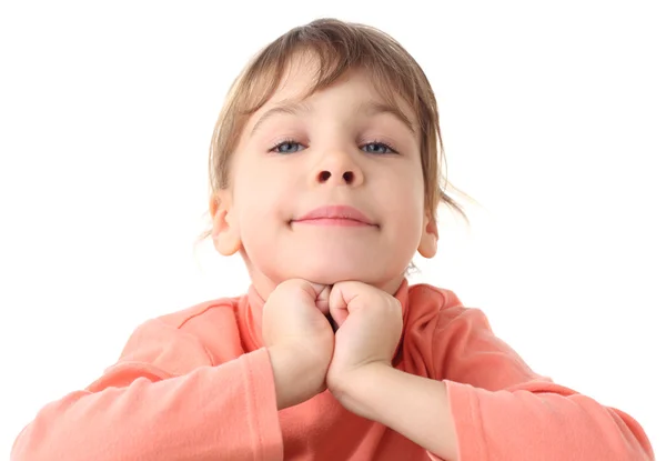 Portret van schattig klein meisje in dunne trui, half boby, chin op — Stockfoto