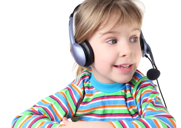 Retrato de menina com fones de ouvido e microfone olhando r — Fotografia de Stock