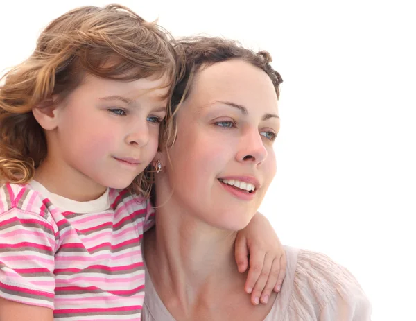 Portrait of little girl embracing her mother, half body, isolate — Stock Photo, Image