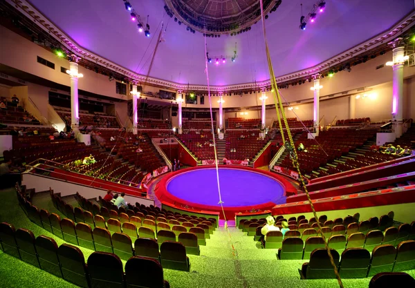 Circle arena in circus green and purple light lamps general view — Stock Photo, Image